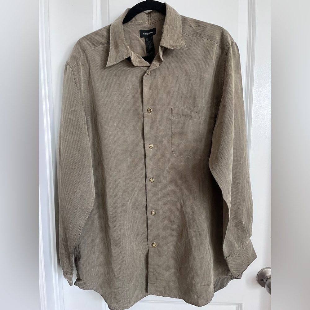 Claiborne Olive Khaki Textured Crepe Button Down Shirt Men’s Size Large Work
